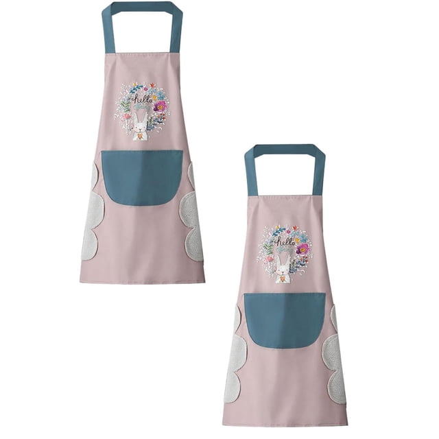 Oleegame 2PC Pretty Apron Women Kitchen Apron With Hand Wipe Pockets For Cooking Baking Wipeable Oil Proof Cartoon Wreath Rabbit Kitchen Nail Shop Apron Pink