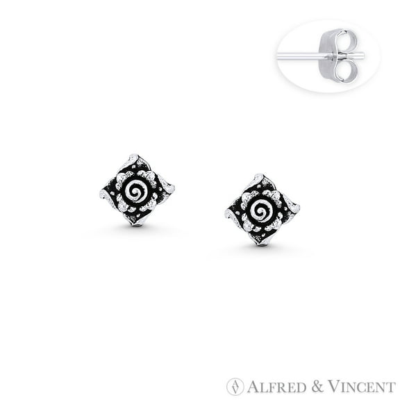 Rose Flower Charm 7mm Stud Earrings in Oxidized .925 Sterling Silver