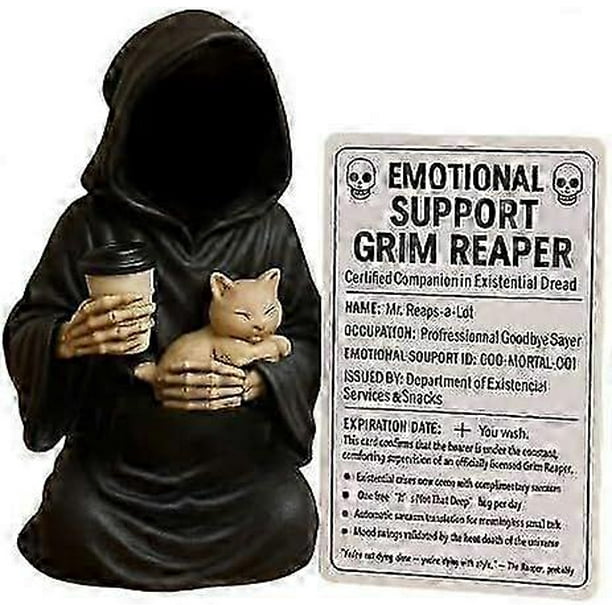 Emotional Support Grim Reaper, Hand-Painted Resin Gothic Grim Reaper Statue Holding Coffee & Cat with Emotional Support Grim Card