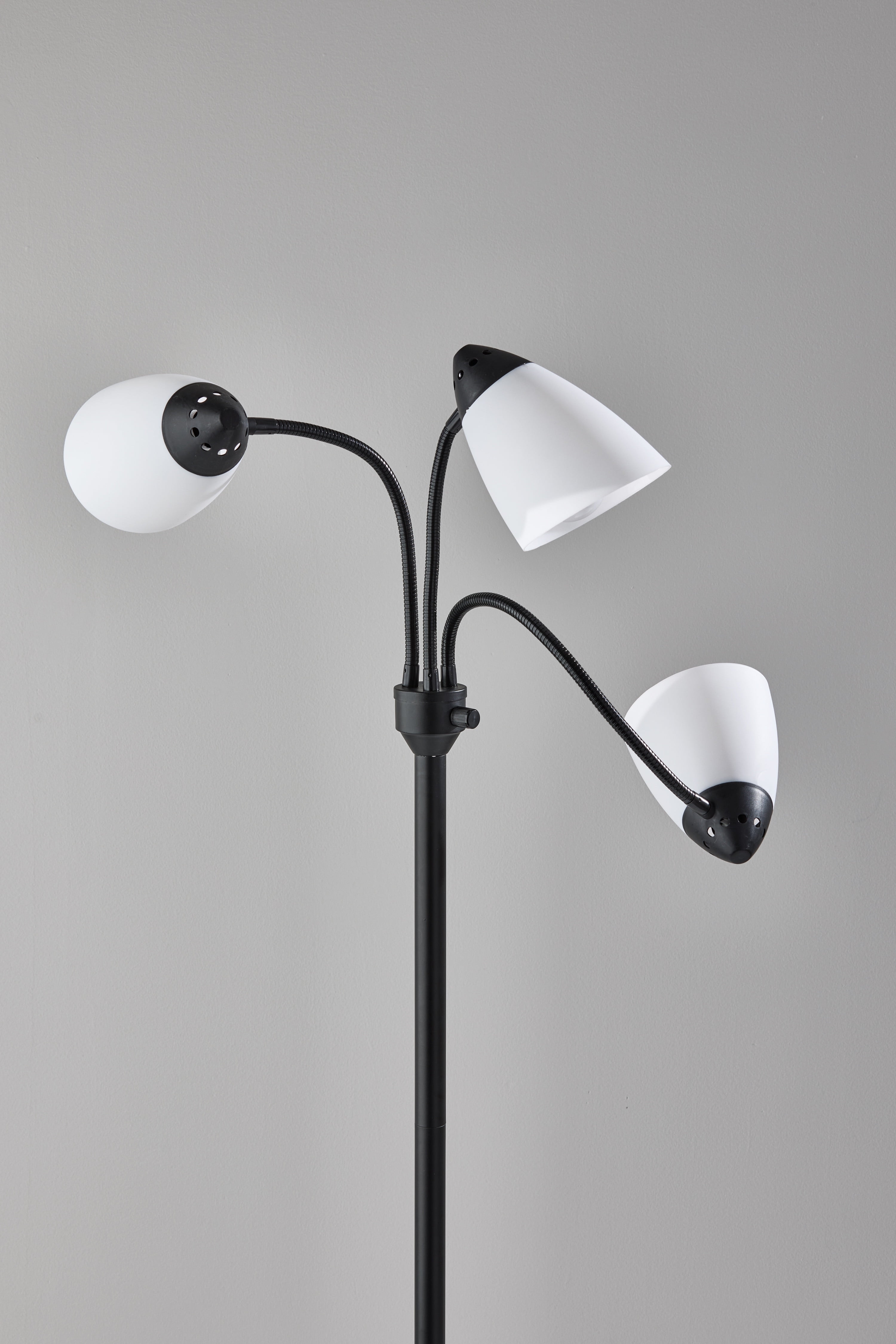 Mainstays 3 Head Adjustable floor lamp, Black with white plastic shades, Classic, Young adult, Adult use
