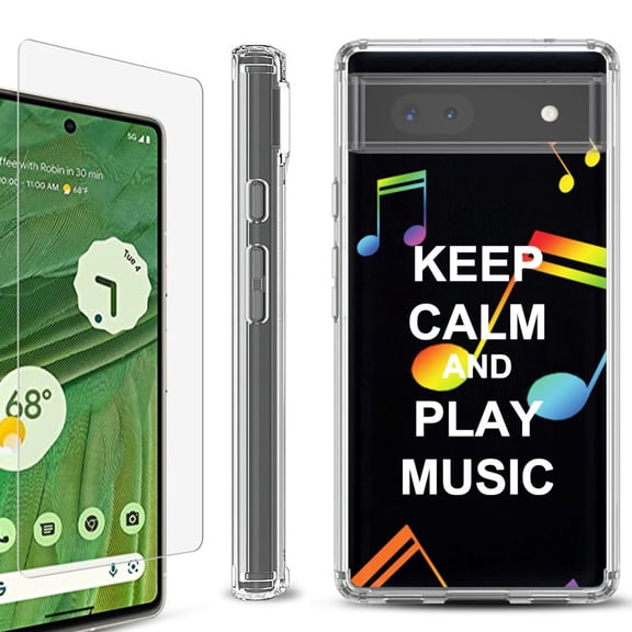 Shockproof Bumper Phone Case for Google Pixel 6a, with Tempered Glass Screen Protector, by OneToughShield ® - Keep Calm Music