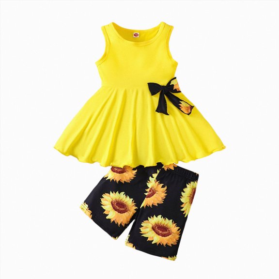 Sgkm Toddler Girl Outfit 2 Piece Bowknot Sleeveless Top Dress and Shorts Set Baby Summer Clothes for Casual Outings Yellow 4-5 Years