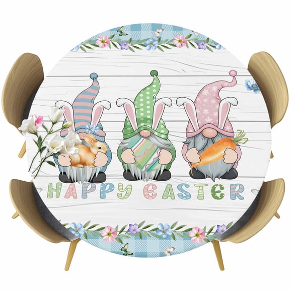 Easter Round Tablecloth, Fitted Table Cover with Elastic for 55"-60" Round Tables, Farmhouse Gnomes Flowers Rabbit Eggs Check Wooden Table Cloth Outdoor Indoor Dinning Party Waterproof Tablecloths