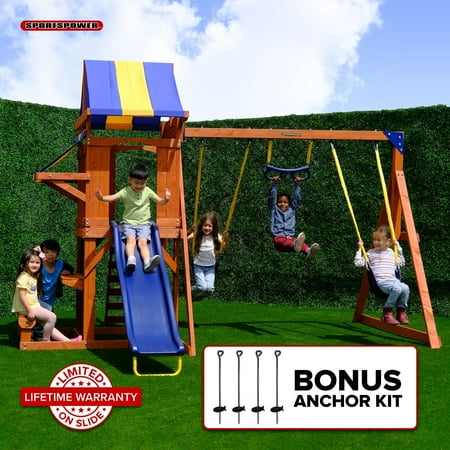 Sportspower Sunnyslope Wooden Swing Set With Play Fort, Trapeze, 6' Double Wall Slide With Lifetime Warranty, &Amp; Bonus Anchor Kit