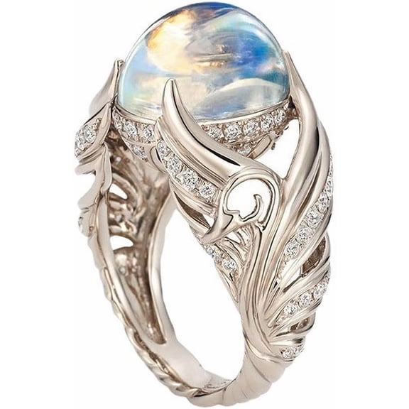 Natural Moonstone Ring for Women 925 Sterling Silver Ring Angel Wings Wedding Band Charming Diamond Engagement Promise Rings Size 6-10