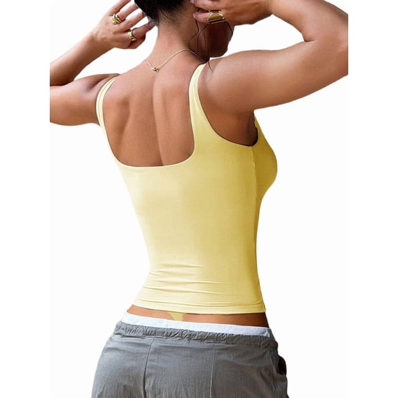 Women'S Padded Square Neck Tank Tops Summer Double Layer Basic Sleeveless Tank Shirts Light Yellow XL