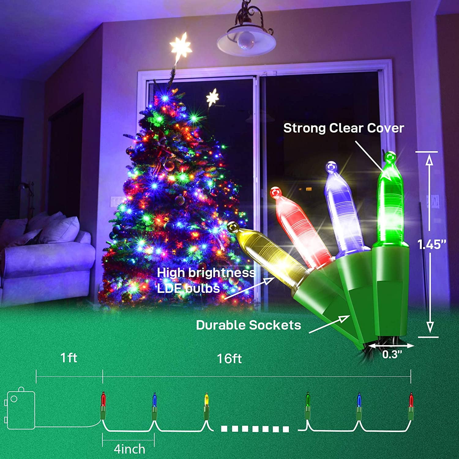 50-Count Christmas Lights, 2 Pack Battery Powered Mini String Lights 16FT 8 Lighting Modes Indoor Xmas Wreath Lights for Christmas Tree Decoration Outdoor Garden Party Wedding Decor(Multicolor)
