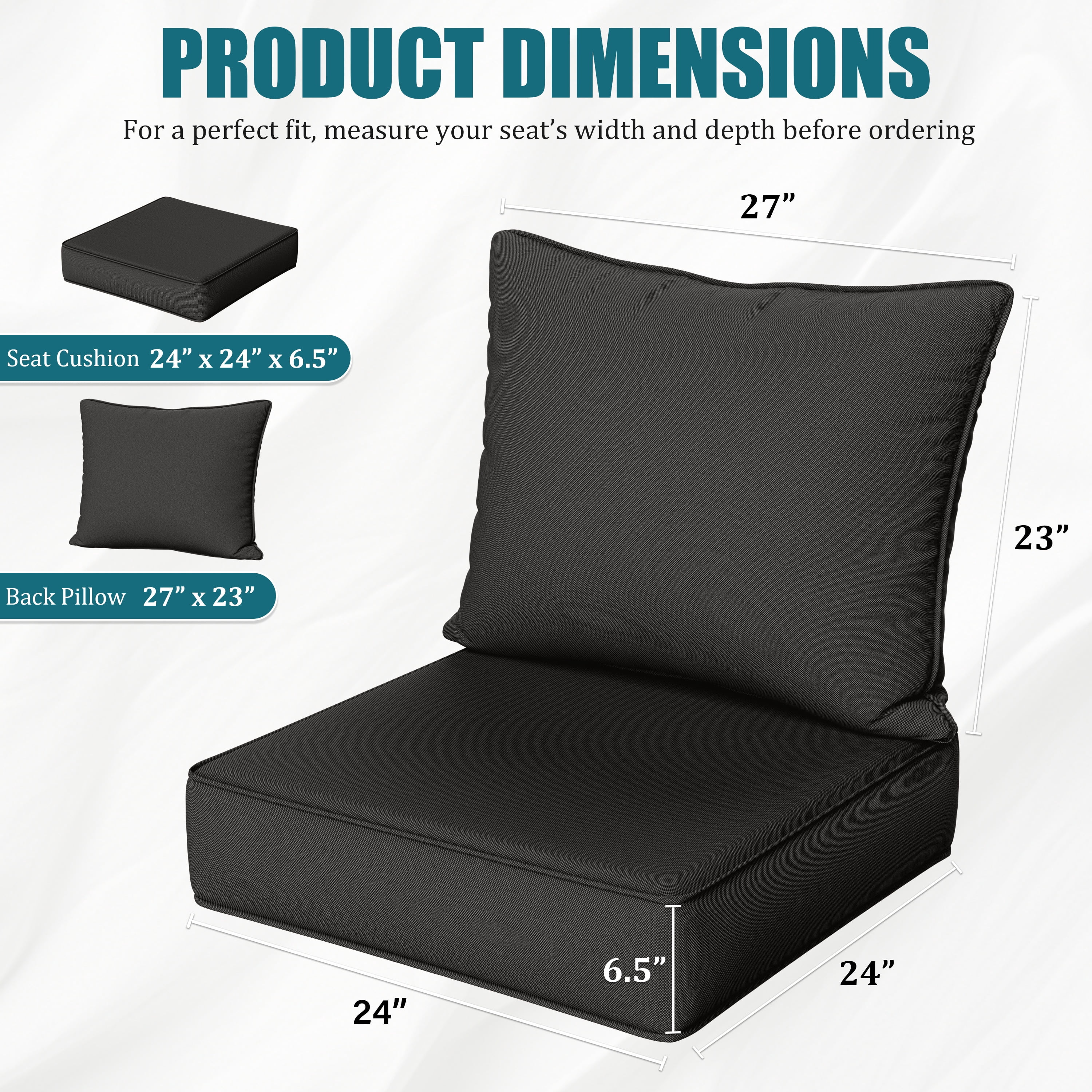 Kimunuk 6 Pack Outdoor Deep Seat Cushion Set, 24" x 24" x 6.5" Patio Furniture Chair Cushions Replacement for Sofa Couch, Black