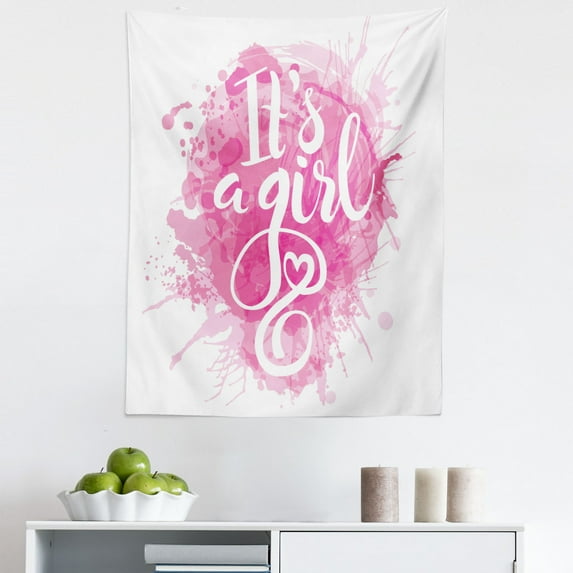 Pink Tapestry, It's a Girl Brushstroke Birth New Family Member Themed Print, Fabric Wall Hanging Decor for Bedroom Living Room Dorm, 5 Sizes, White Pink, by Ambesonne