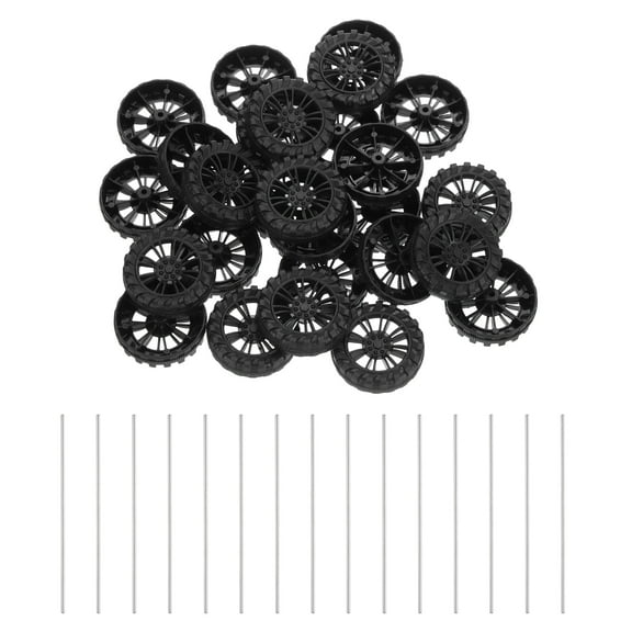 30pcs Toy Car Wheels, 30mmx8mm Plastic Roll and 2mmx100mm Shaft Round Rod Axles for DIY RC Car Truck Boat Helicopter Model Part, Black