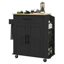Kitchen Island with Charging Station, Portable Kitchen Cart with Wheels, Spice Rack & Drawer, Black