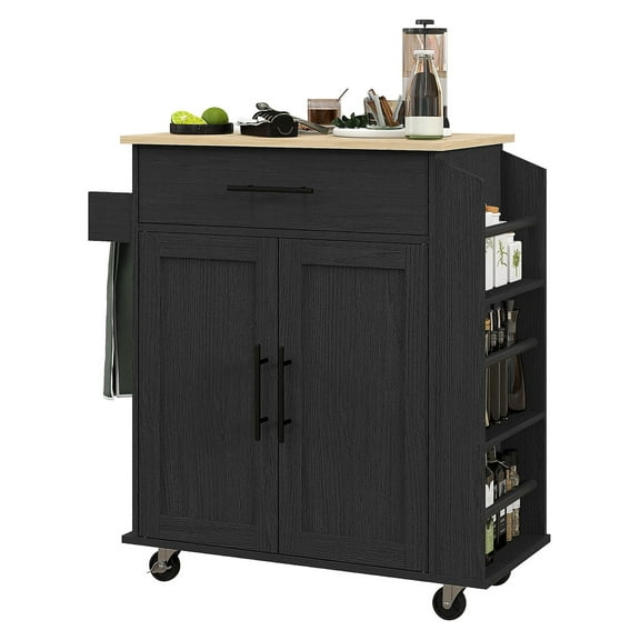 Kitchen Island with Charging Station, Portable Kitchen Cart with Wheels, Spice Rack & Drawer, Black