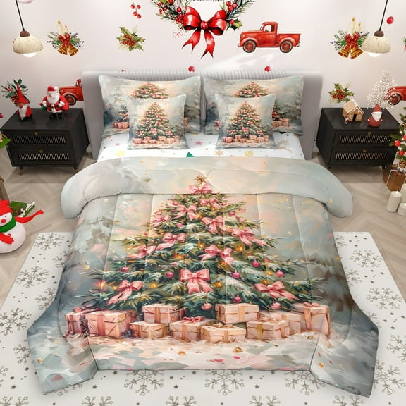 Homewish Chic Bowtie Xmas Tree 7-Piece Twin Bedding Sets,Pink Christmas Gifts Bedding Comforter Set,Happy New Year Sheet Sets For Girsl Kids,Ultra Soft Home Decor Reversible