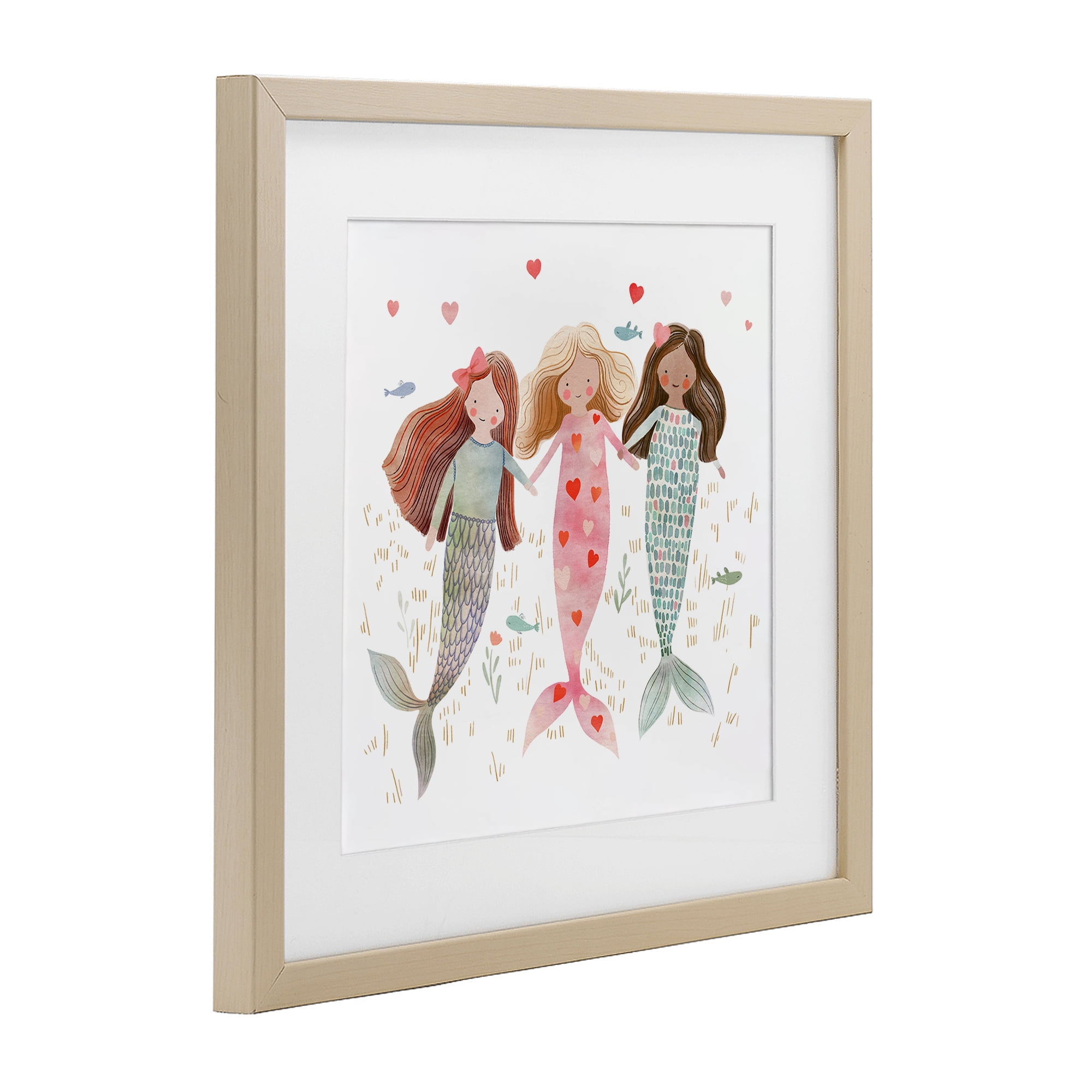 Trio of Mermaids Friendship Birch Framed Print Under Glass, design by Leah Straatsma