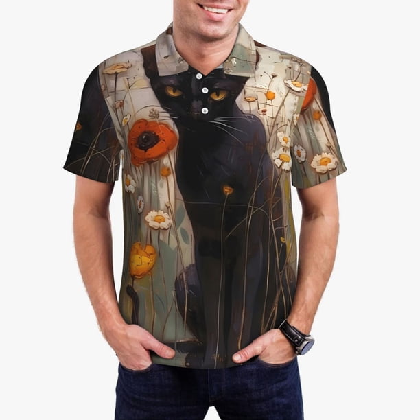 Balery Black Cat in Wildflowers Camisa Polo de Hombre con Estampado, de Manga Corta y Tejido Medio, Camisa Tipo Golf Polo-X-Large