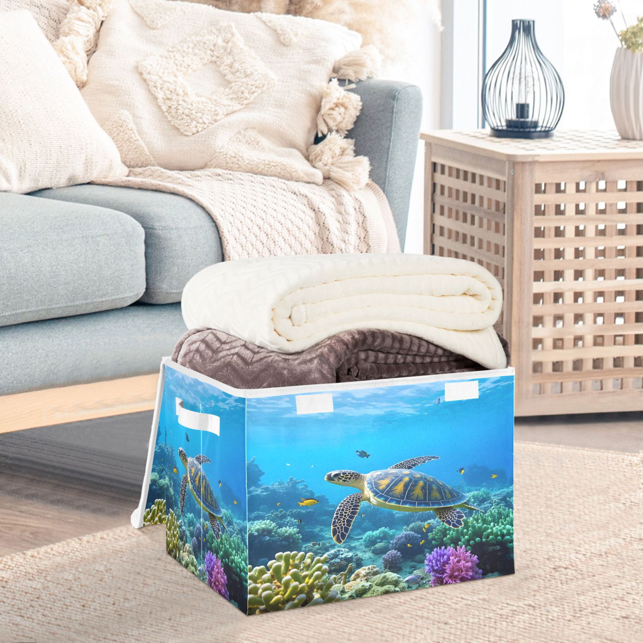 Ryvnso Turtle in Sea Large Lidded Foldable Storage Baskets Cubes Boxes Lids Bin for Home