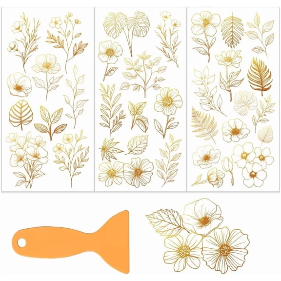 3pcs/Set Golden Flowers Leaves Rub on Transfers for Furniture Crafts - 6x12 Inch Flowers Furniture Decals - PVC Material - Floral Style - Indoor Use