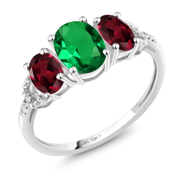 Gem Stone King 10K White Gold Green Simulated Emerald Red Rhodolite Garnet and Diamond 3-Stone Engagement Ring for Women (1.62 Cttw, Gemstone Birthstone, Size 6)