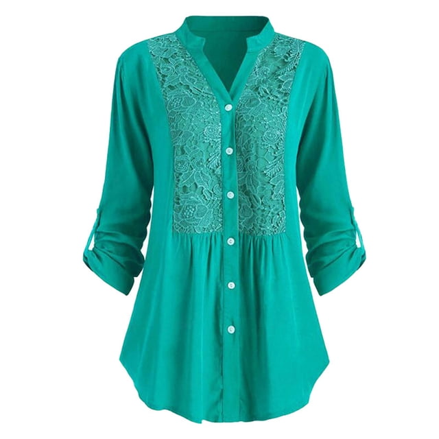 Daeful Chemises pour Femmes Blouse Boutonnée Travail Manches Longues Hauts Amples Bleu Vert 2TG