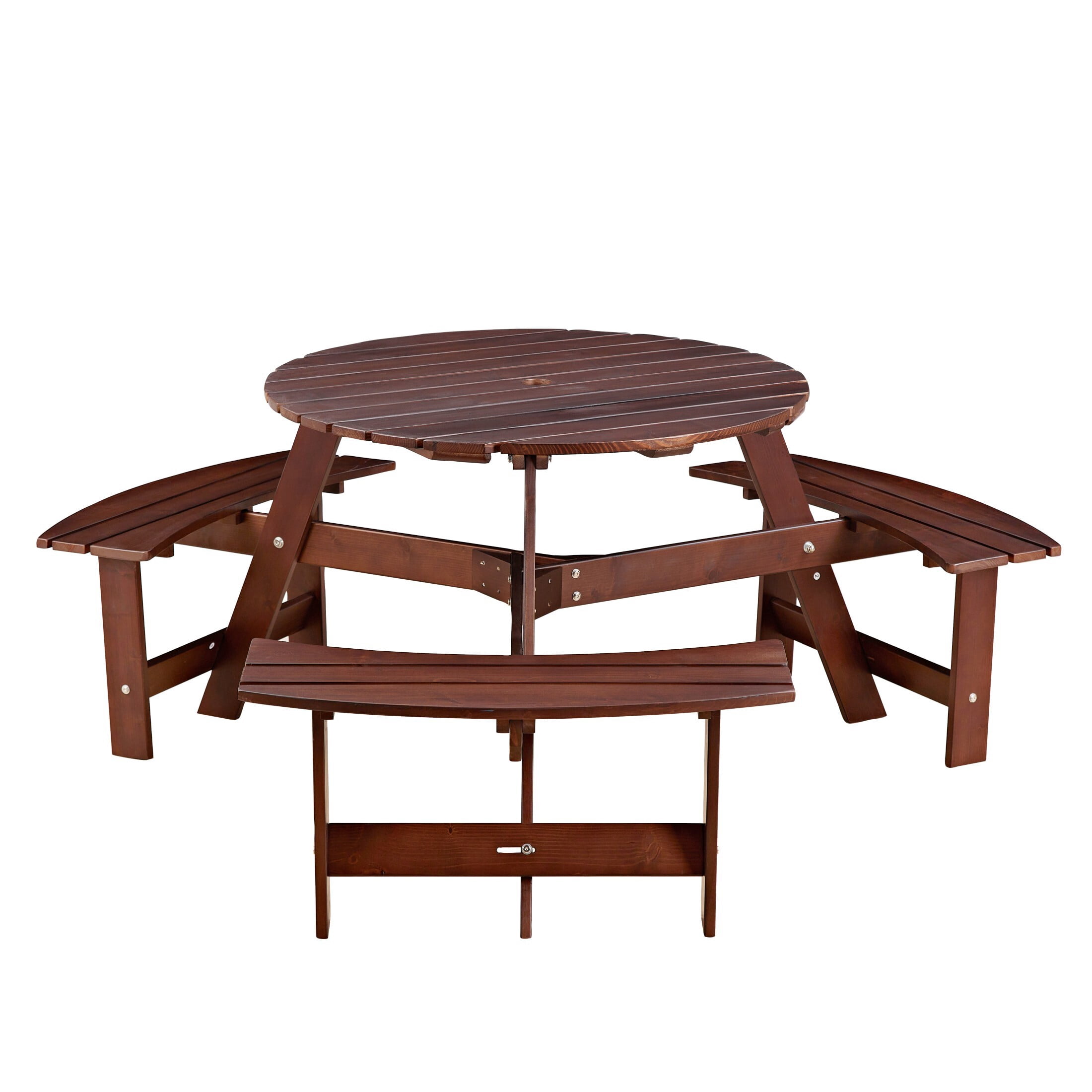 DEALTOPS 6 Person Wood Picnic Table with 3 Built-in Benches, Outdoor Round Table and Bench Set with Umbrella Hole for Park, Brown