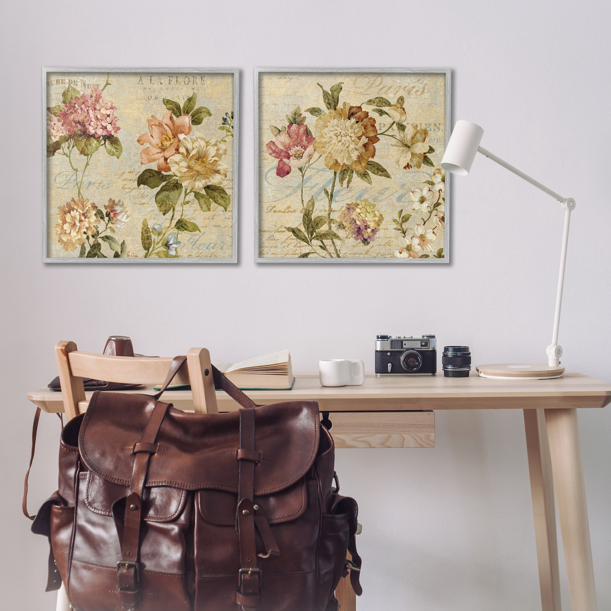 Stupell Industries Vintage French Floral with Script Botanical & Floral Painting Gray Framed Art Print Wall Art, 24 x 24, Set of 2