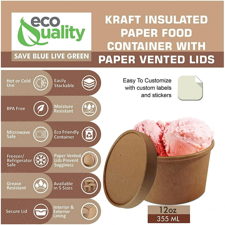 50 Pack] 12 oz Disposable Kraft Paper Soup Containers with Vented LIDS -  Half Pint Ice Cream Containers, Frozen Yogurt Cups, Restaurant,  Microwavable, Take Out, Food Storage, Recyclable 