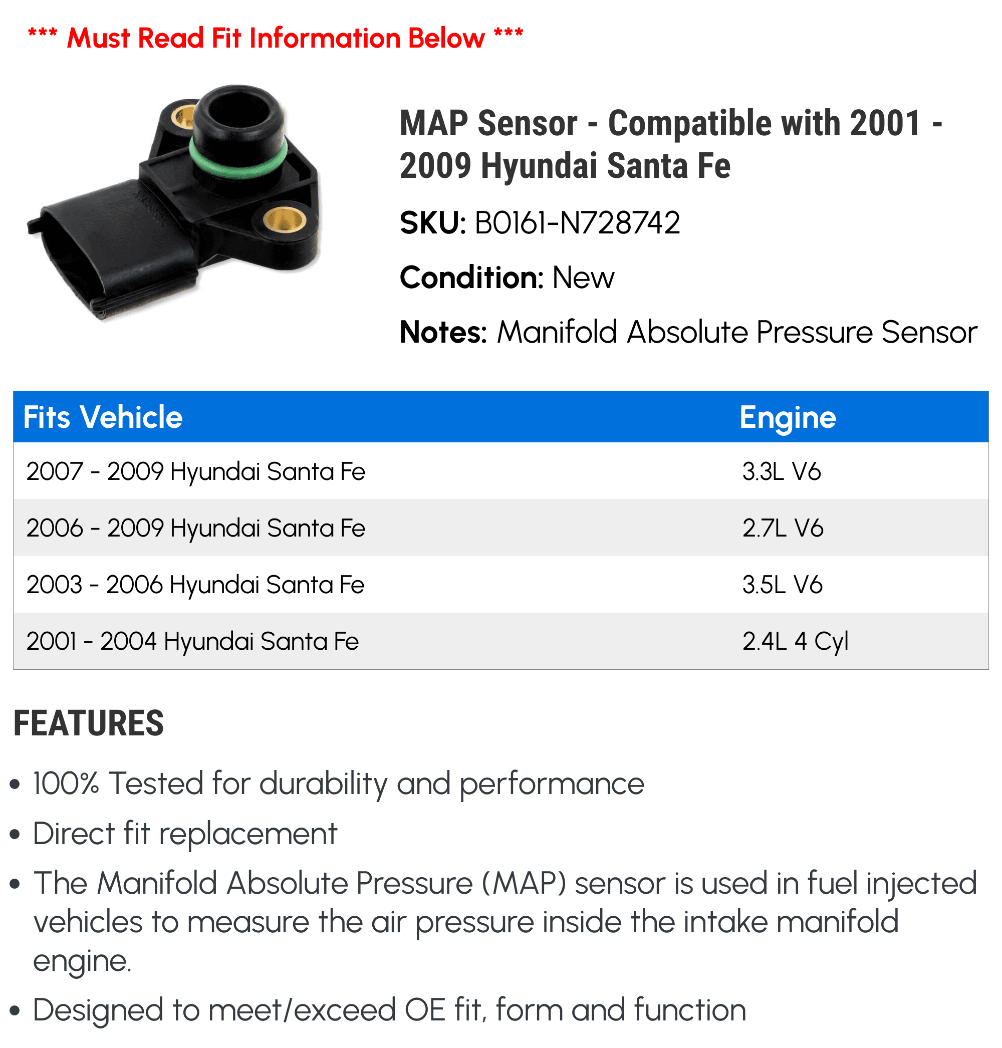 MAP Sensor - Compatible with 2001 - 2009 Hyundai Santa Fe 2002 2003 2004 2005 2006 2007 2008