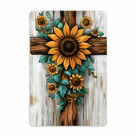 Vintage Charm Sunflower Cross Metal Sign - 8_x12_ Durable Rustic Wall Decor with Easy-Hang Design - Perfect Gift Idea for Home, Bar, Garage, and Man Cave Decorations