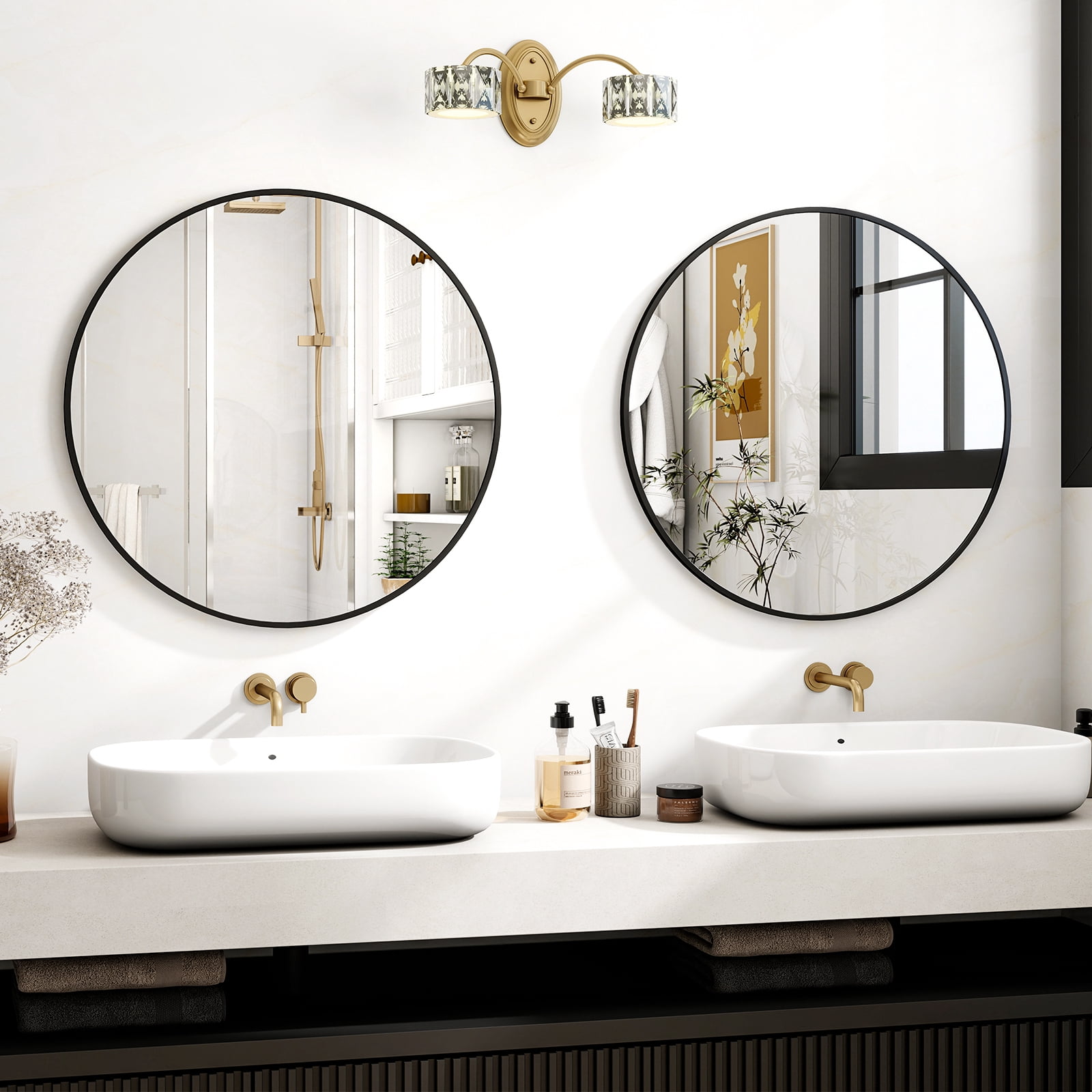 AUROMIR‌ 24" Bathroom Mirror Round Mirror Wall Vanity Mirror with Metal Frame, Black