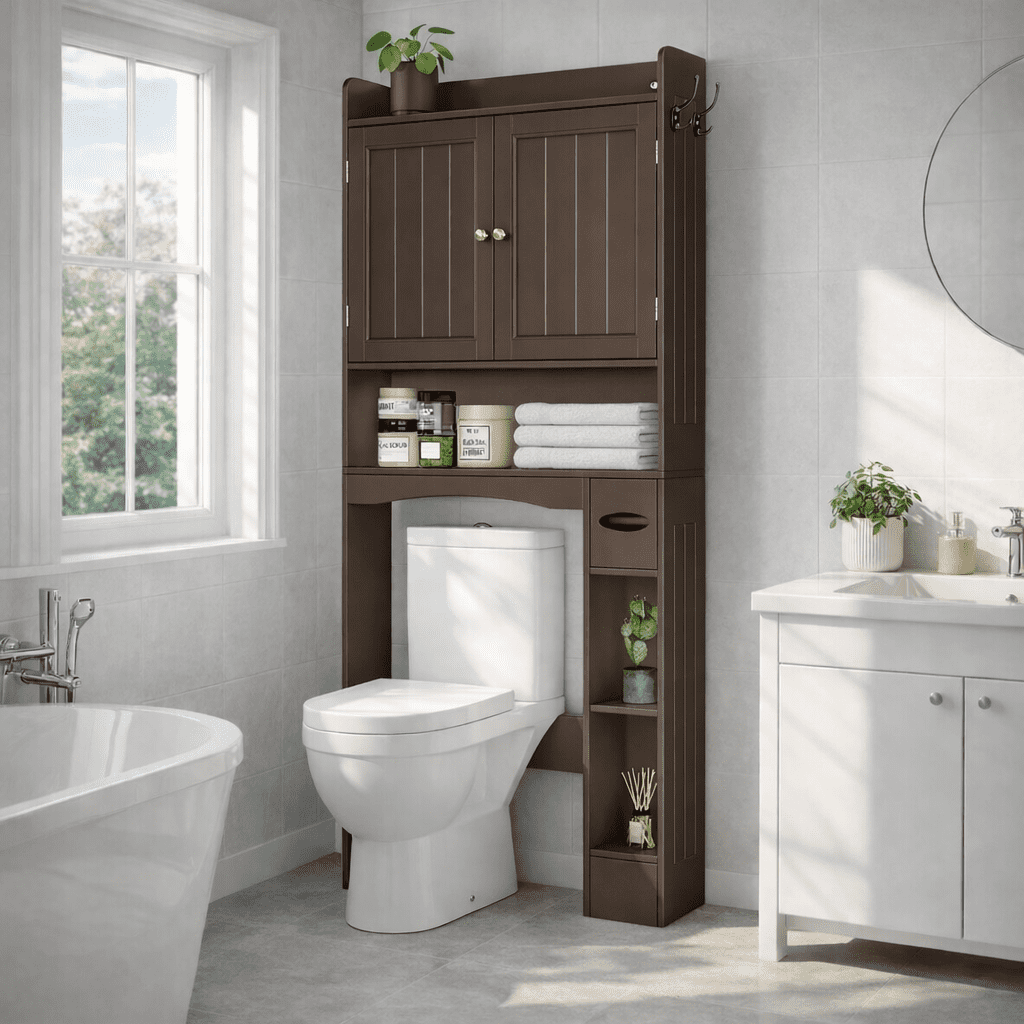Aiho 70.3" Tall Over the Toilet Storage Cabinet, Bathroom Organizer Above Toilet with Adjustable Shelves & 2 Side Hooks, Space Saver for Bathroom, Laundry, Dark Brown
