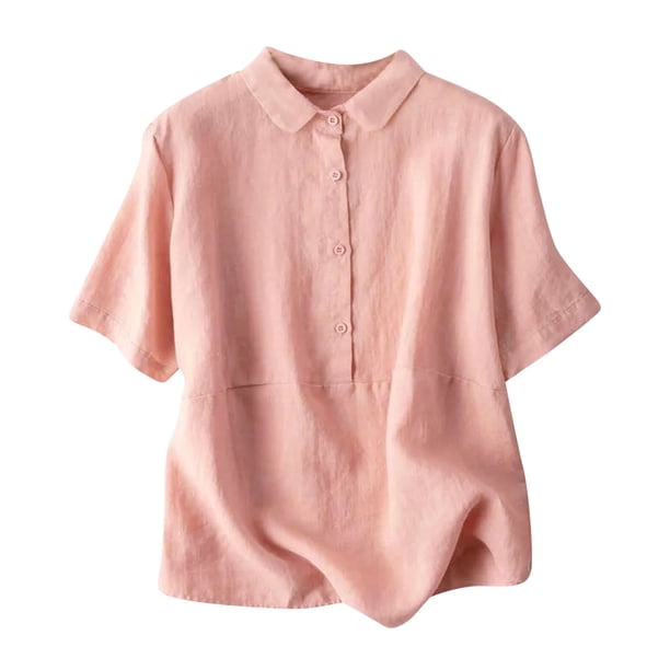 Camisa de mujer de lino con botones, manga corta y cuello redondo, top informal de algodón mezclado para la oficina, corte ajustado, temporada otoño, tallas M-XXXL