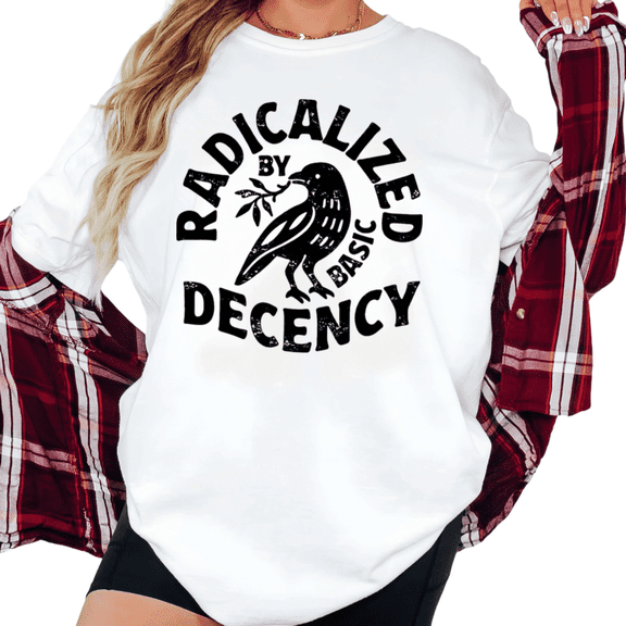 Women's "Radicalized By Basic Decency" Crow Graphic Breathable T Shirt Retro Feminist Short Sleeve Round Neck Top White S-5XL