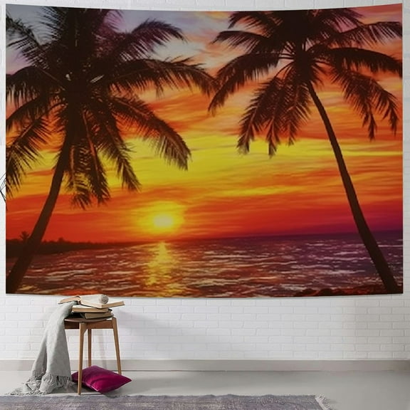 Fenyluxe  Tropical Tapestry, Sunset Tropical Beach with Palm Trees Peaceful Ocean Evening View Resort, Fabric Wall Hanging Decor for Bedroom Living Room Dorm 40x30inch