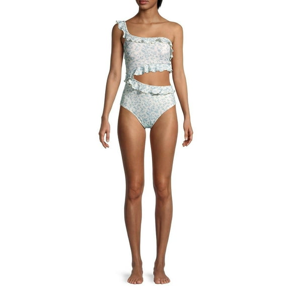 Peony Printed Ruffled Cutout One Piece Swimsuit, White, 2