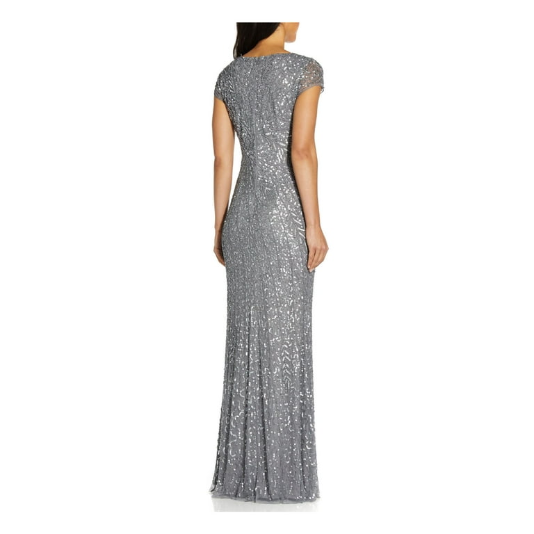 ADRIANNA PAPELL Womens Gray Sequined Zippered Beaded Lined Cap Sleeve V Neck Full Length Formal Mermaid Dress 2