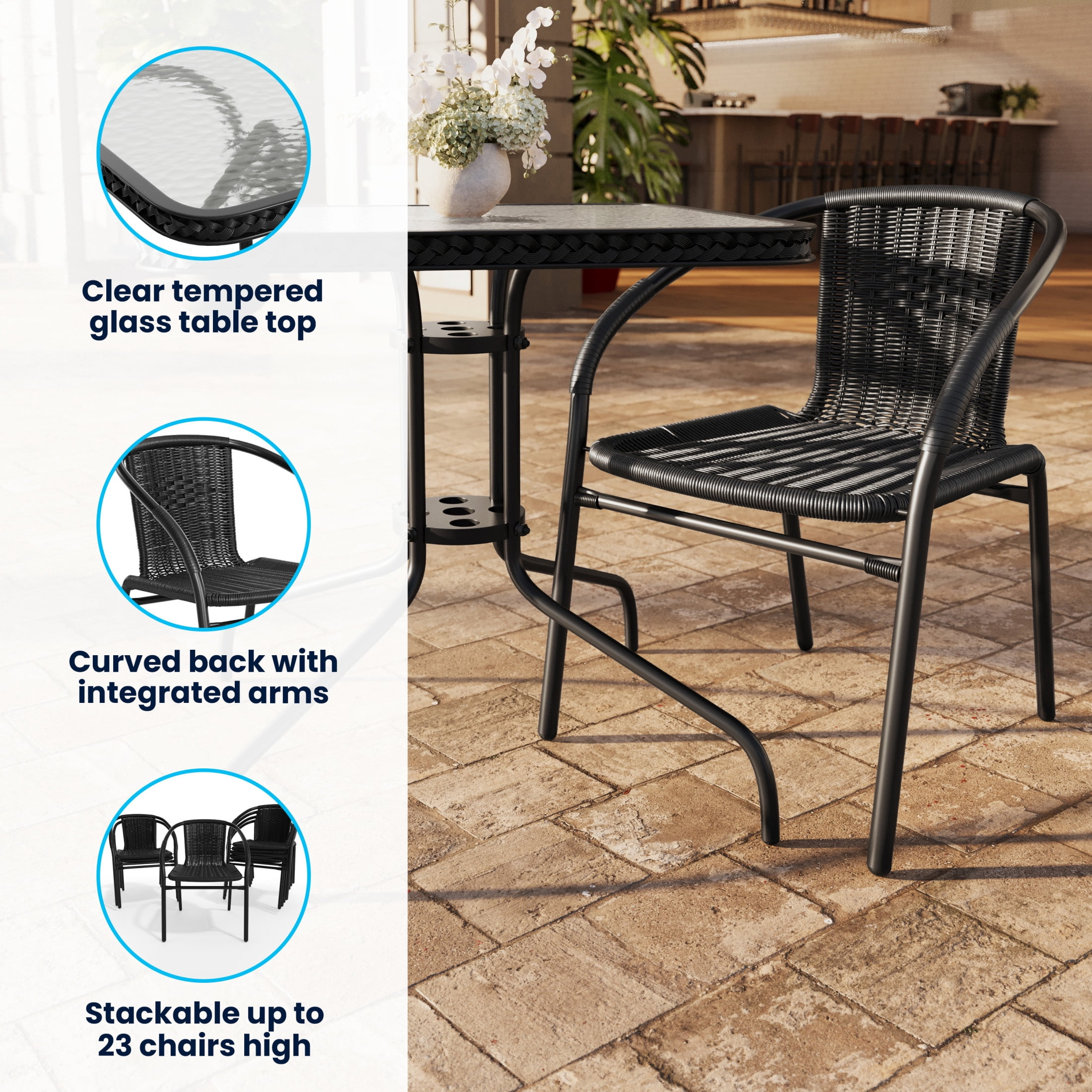 Flash Furniture 28'' Square Glass Metal Table with Black Rattan Edging and 4 Black Rattan Stack Chairs