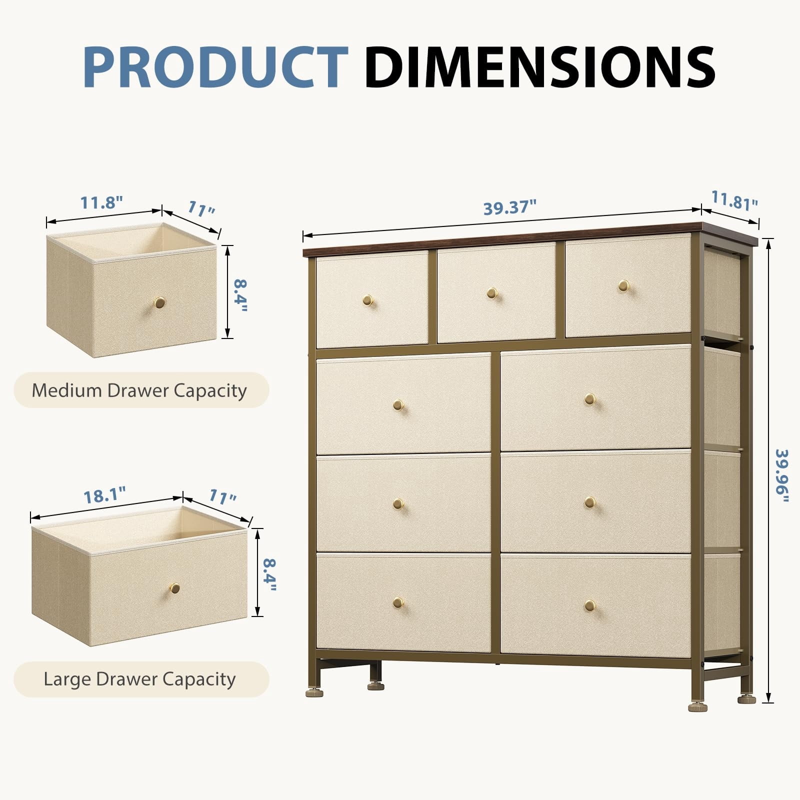 Telyra 9-Drawer Fabric Dresser Tall Storage Tower with Wood Top and Steel Frame Bedroom Closet Organizer, Khaki