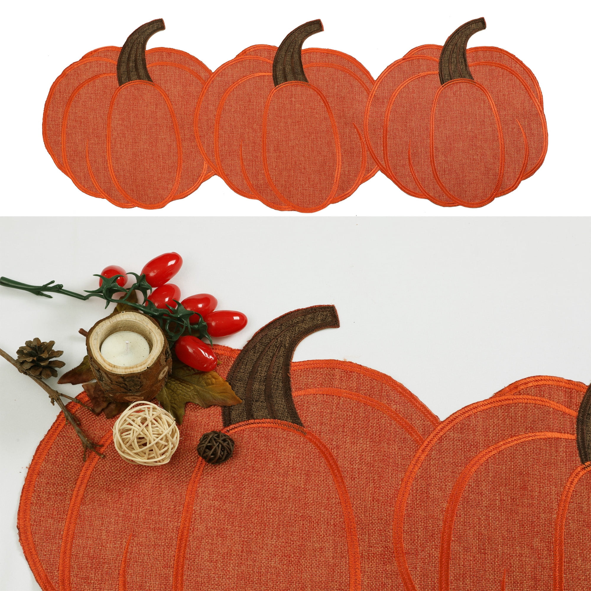 Chlophy Fall Placemats Set Of 4 - Embroidered Pumpkin & Leaves Design, 13x18 Inch, Farmhouse Thanksgiving Table Decor - View #8