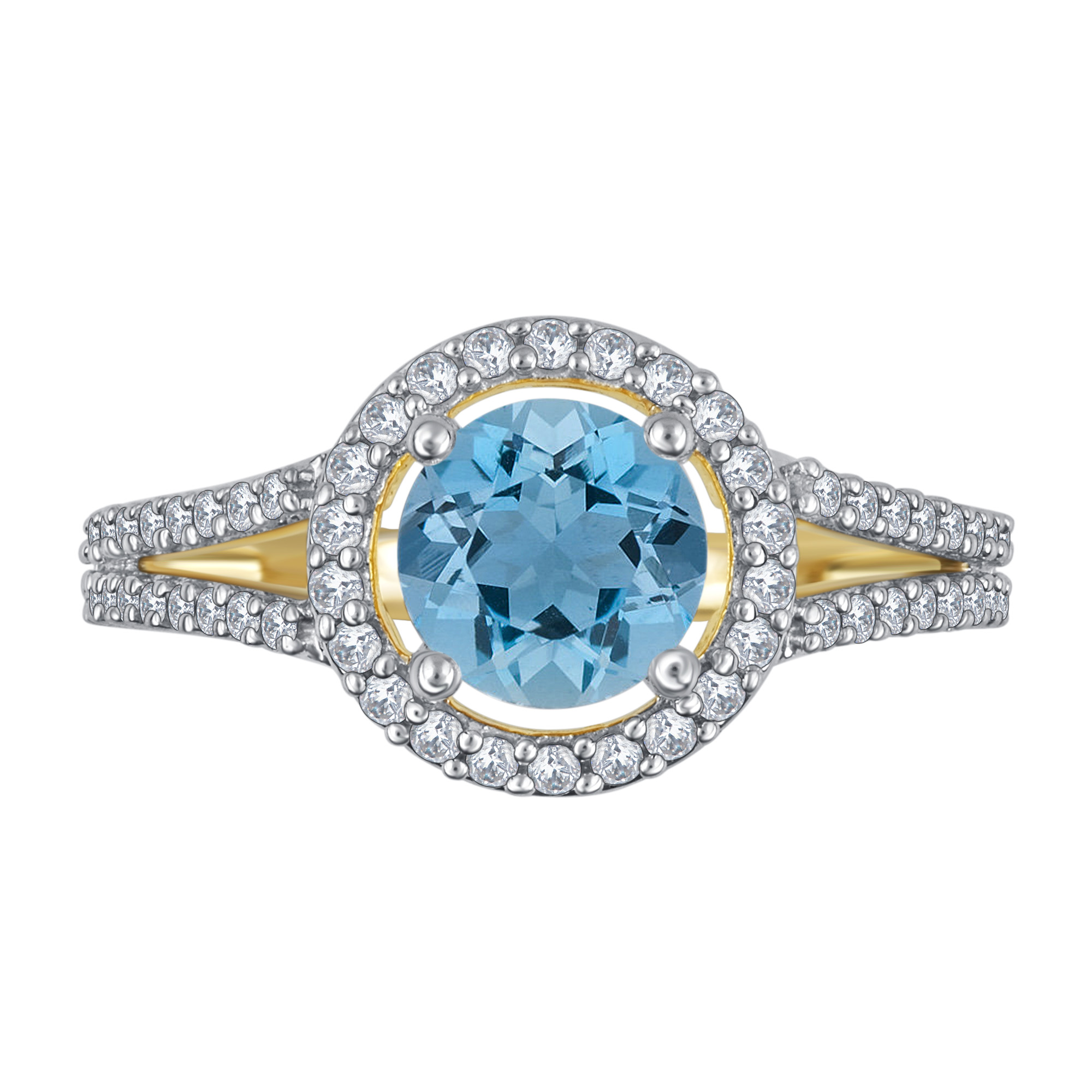 Aqua and White Sapphire Halo Birthstone Ring in Sterling Silver