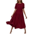 thumbnail image 2 of LOVZFMLL Robe Décontractée pour Femme à Fleurs, Couleur Unie, Manches Courtes, Col Ras du Cou, Robe Longue Fluide à Étages pour la Plage, Bordeaux, S, 2 of 6