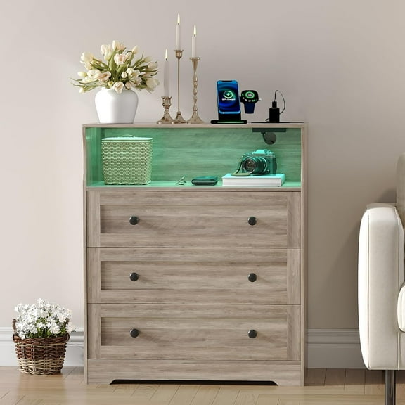 3-Drawer Small Dresser with Charging Station, Modern Wooden Chest of Drawers