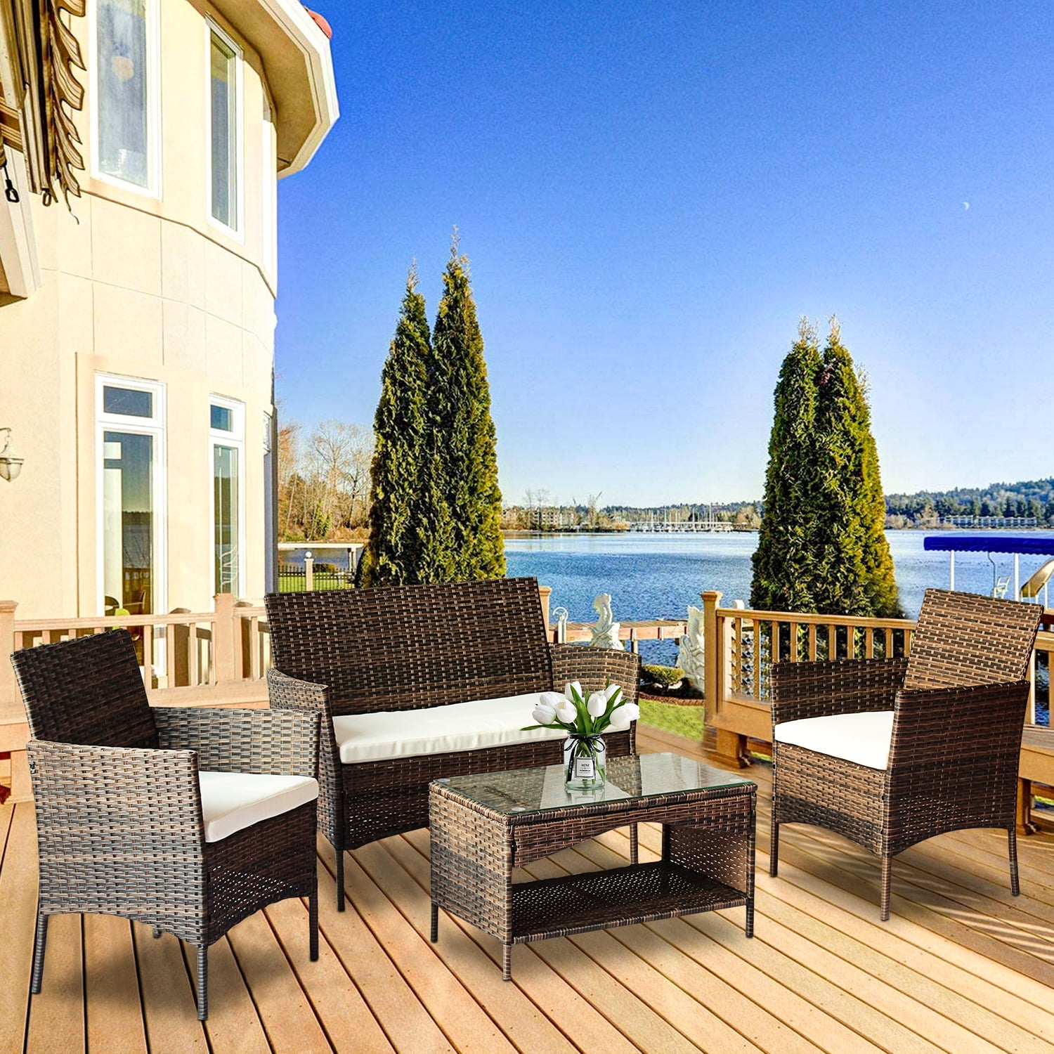 Wicker Patio Sets on Clearance, 4 Piece Outdoor Conversation Set With