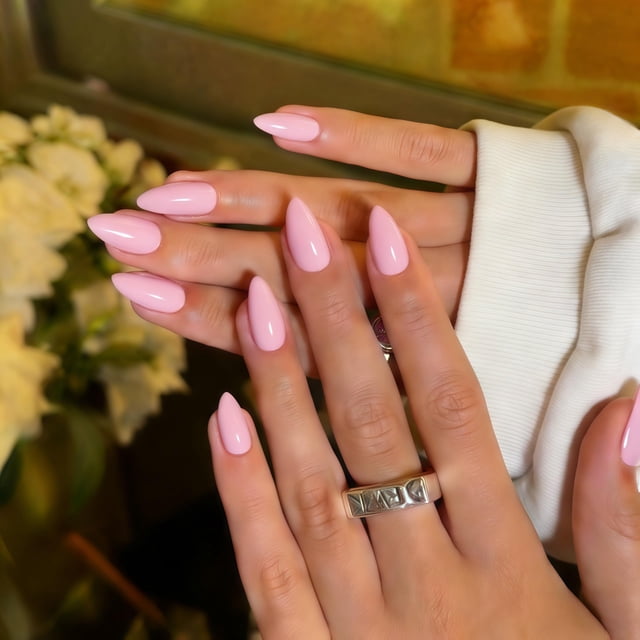 Uñas postizas adhesivas JOYVVEW cortas almendradas rosa claro 30 piezas