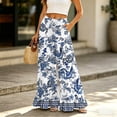 thumbnail image 2 of Boho Print Palazzo Pants for Women, High Waist Drawstring Wide Leg Trousers - Summer Flowy Ruffle Hem Lounge Bottoms Blue M, 2 of 7