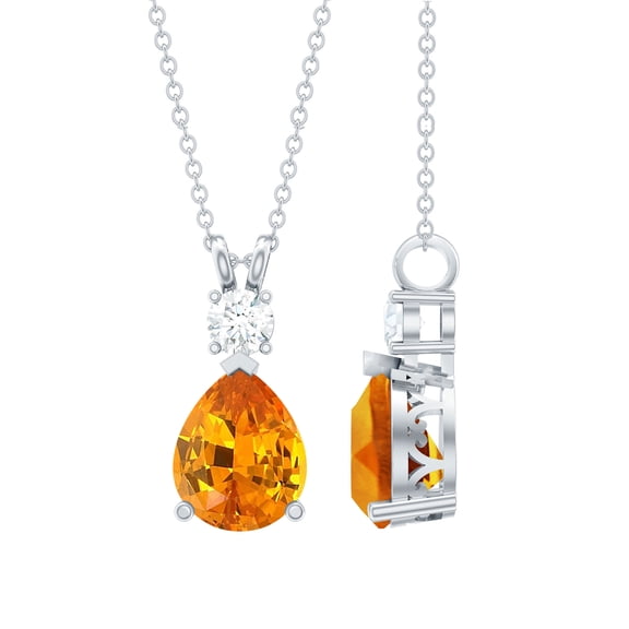 Rosec Jewels Lab Grown Orange Sapphire Drop Pendant Necklace for Women - 8X10 mm - 3 Ct - AAAA Grade - Sapphire Diamond Necklace, 925 Sterling Silver