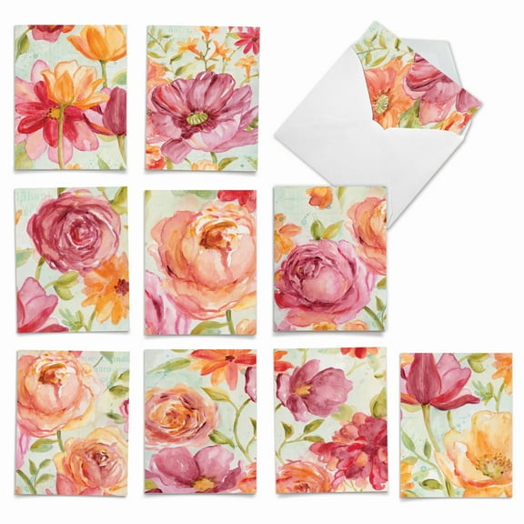 10 Assorted All Occasion Blank Note Cards with Envelopes (4 x 5.12 Inch) - WARM BLOSSOMS M1715BN