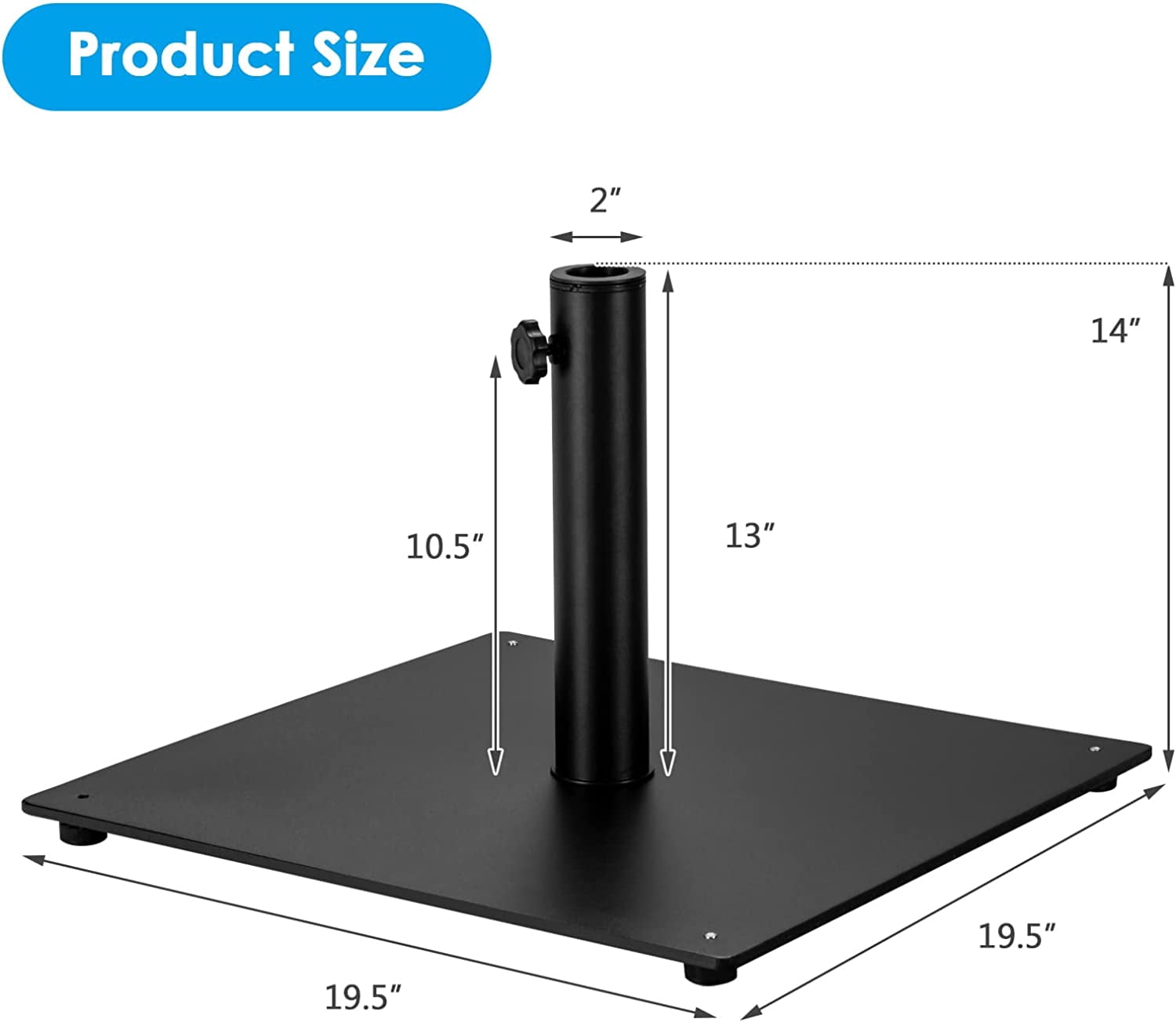 WBTER 36LBS Square Umbrella Base, Heavy Duty Patio Umbrella Base Stand with 3 Adapters, 20”x20” Weighted Outdoor Umbrella Stand with Adjustable Foot, Suitable for Backyard, Deck, Poolside