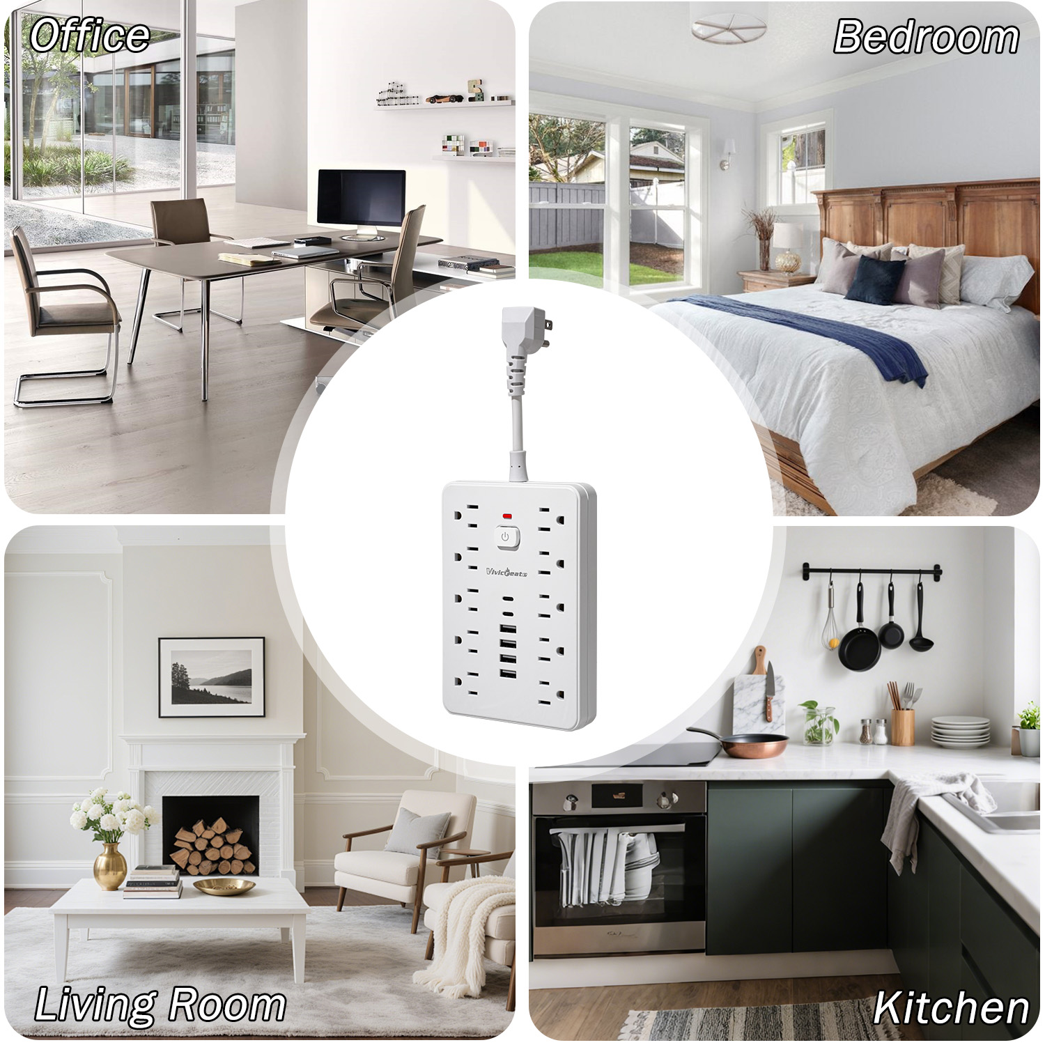 Vivicreate 16-in-1 Power Strip Surge Protector with 10 AC Outlets, 4 USB-A & 2 USB-C Ports, Flat Plug Short Extension Cord, Compact Power Strip for Home, Office, Desk & Travel
