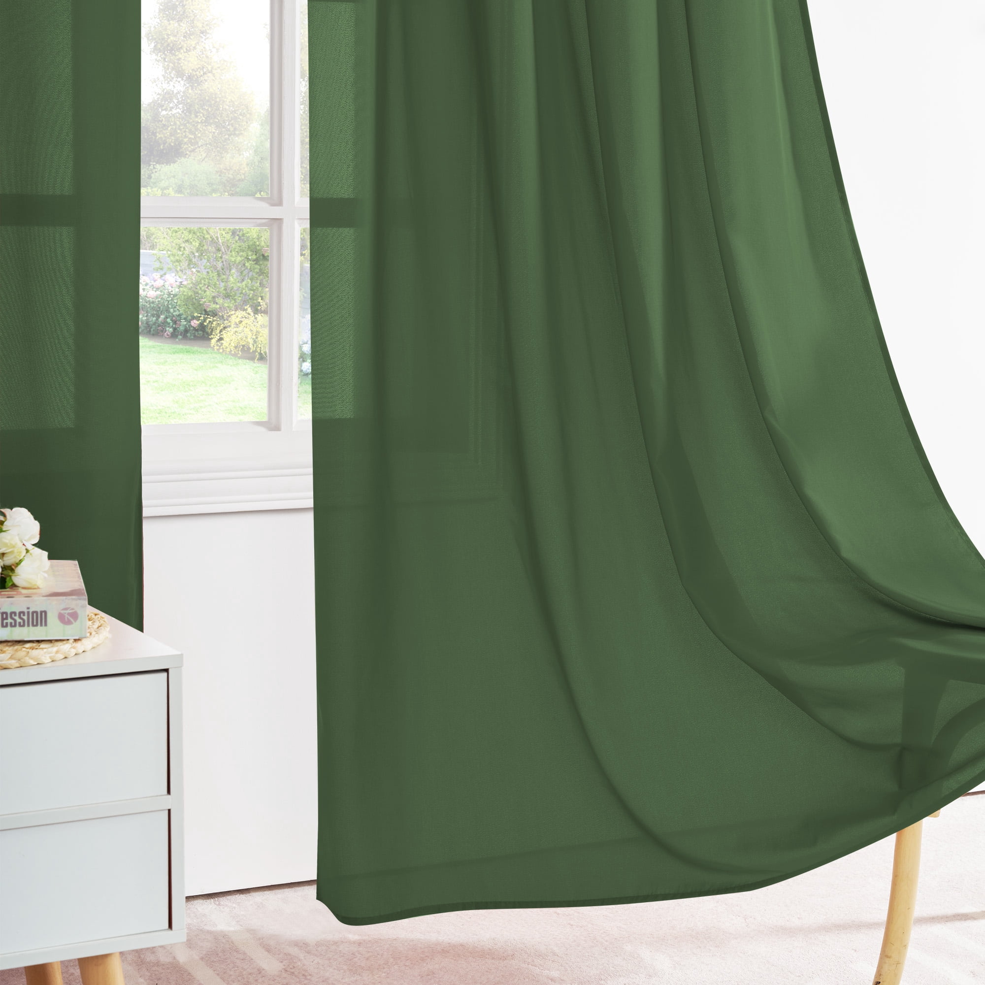 NICETOWN Privacy Sheer Curtains for living room, Non-See-Through Semi Sheer Curtain Light Filtering Window Drapes, Olive Green, 52"x102", 2 Panels