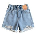 thumbnail image 2 of Rggeeun Baby Girls Jean Shorts Elastic Waist Distressed Hem With Side Pockets Above Knee Wide Leg For Summer Travel Party Lightweight Bottoms,Blue,10-11 Years, 2 of 5